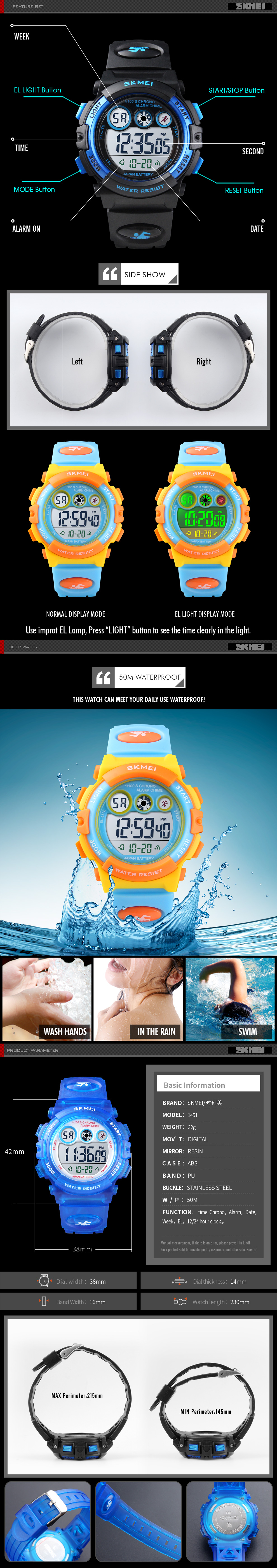 SKMEI 1451 Children Digital Sport Wristwatches Colorful Waterproof Watch