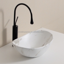 Modern Oval Lavatory Washbasin: Marble Look Ceramic Vessel Sink
