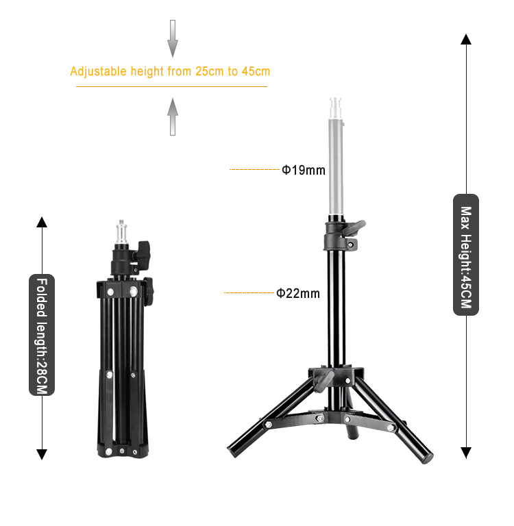 Fotografía Soporte de luz pequeño de aluminio de altura máxima de 45 cm para Relfectores, Softboxes, Luces, Paraguas, Fondos