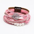 Leather Wrap Bracelet for Women Handmade Clasp Bangle Bracelet with Pearl Beads Crystal Wristbands Jewelry Gift for Ladies