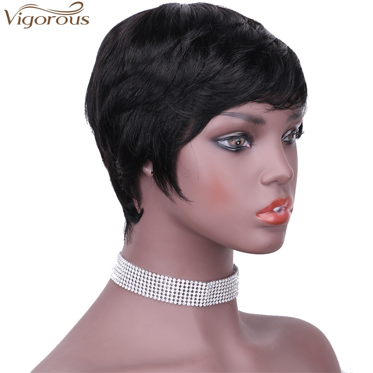 Vigorous Women Human Hair Wig Bob Hair Cut Pixie Side Part Black Fluffy  Human hair Wig Daily Use For Women