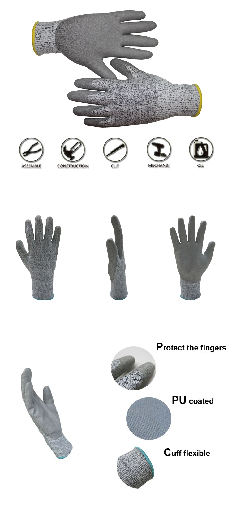 Gray PU Palm Dipped Cut Proof Protection Glove Ce 44c42