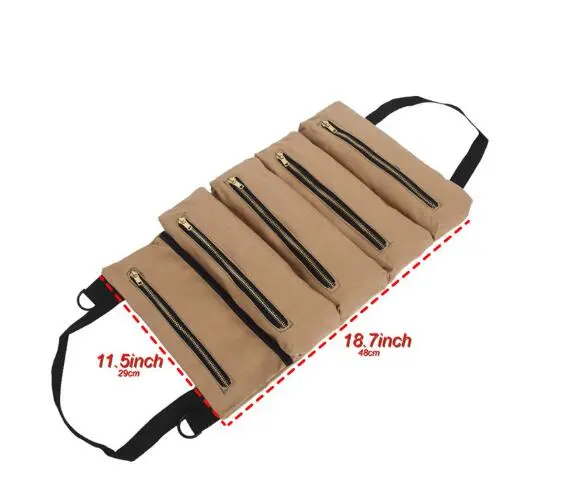 Multi-Purpose Portable Super Canvas Car Storage Organizer Tool Wrench Roll up Pouch Wrap Bag with 5 Zipper Pockets