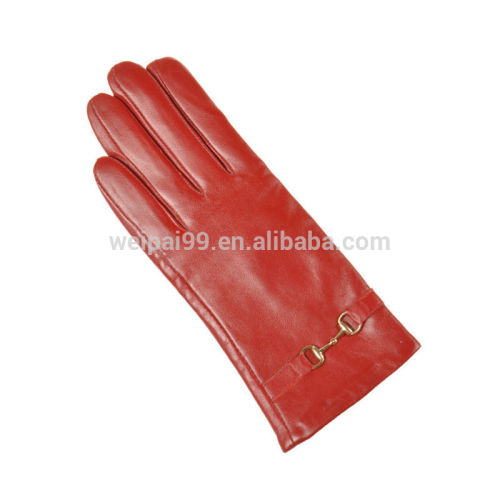 Concise design metal chain belt red ladies sheepskin leather gloves