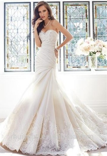 satin and lace mermaid wedding dresses with detachable skirt