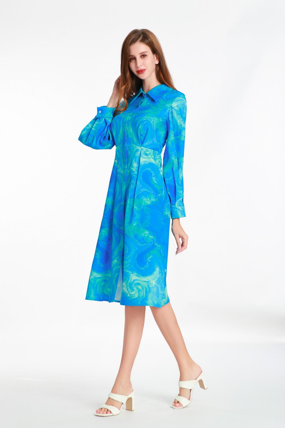 शर्ट-स्टाइल लंबी आस्तीन मुद्रित पोशाक
