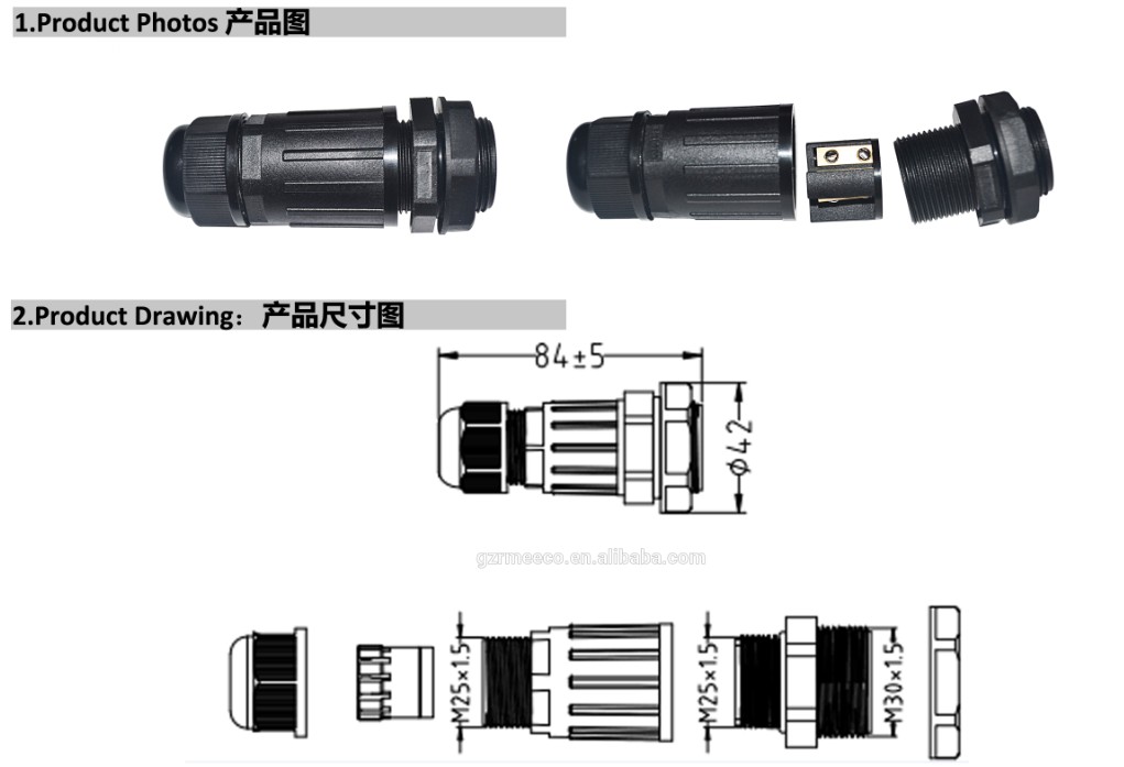 2-4 pin M20 M25 M30 cable electrical connector Panel mount waterproof joint connector IP68 junctionbox