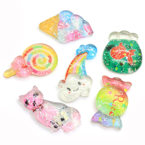 100 τεμάχια Kawaii επίπεδη πλάτη ρητίνη Cabochon Glitter Cat Candy Resin Cabochons Flatback DIY Hair Bow Phone Case Decoration