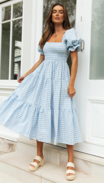 Women plaid bubble short sleeve long dress