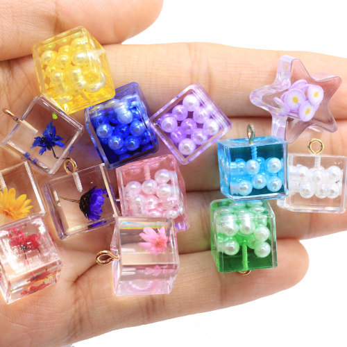 Wholesale 14mm Cube Resin Transparent Beads Flowers Pearl Filling Charms for Earring Pendants Jewelry Ornament Keychain Decor