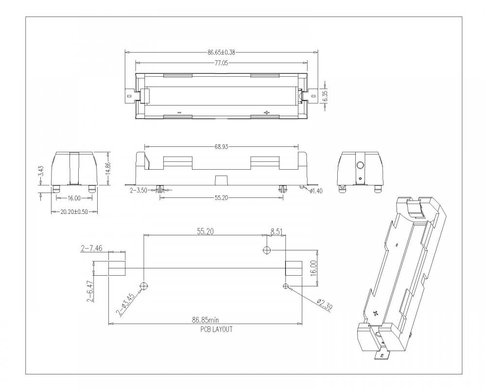 BBC-M-GO-A-18650-042P Người giữ pin đơn cho 18650 SMT