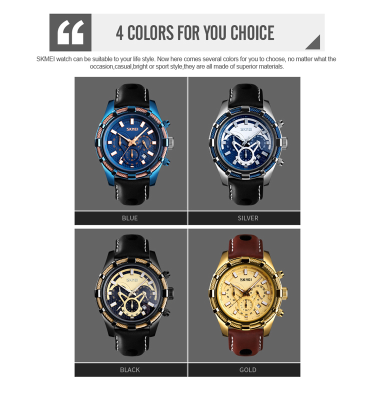 Skmei 9189 high quality luxury gold men leather quartz watch waterproof fashion wristwatch