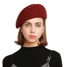Elegant Pearl Mesh Wool Beret - Solid Color Wool Bowler Hat for Women