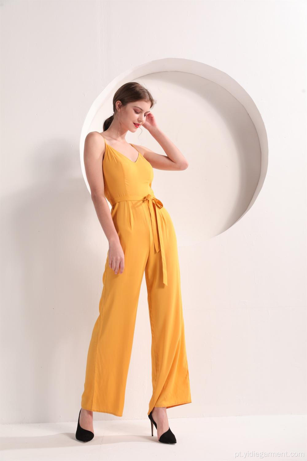 Mulheres cor amarela perna larga Jumpsuit Cami