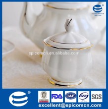 luxury sugar pot for tea set, white ceramic sugar pot with gold rim
