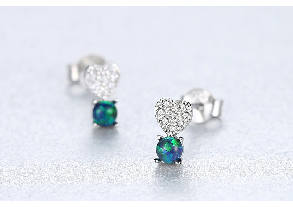 Creative Heart Shape CZ Opal 925 Sterling Silver Stud Earrings