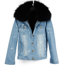 Winter Women Denim Series Mid Blue Fluffy Short Fur Jacket Faux Fur Liner And Real Fur Collar Ladies Denim Parka