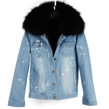 Winter Women Denim Series Mid Blue Fluffy Short Fur Jacket Faux Fur Liner And Real Fur Collar Ladies Denim Parka