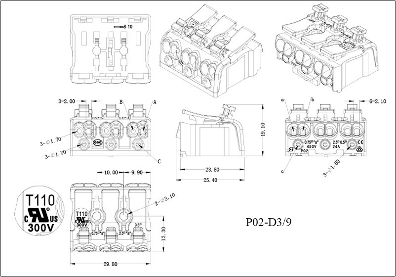 3 ports fast connection push wire connector