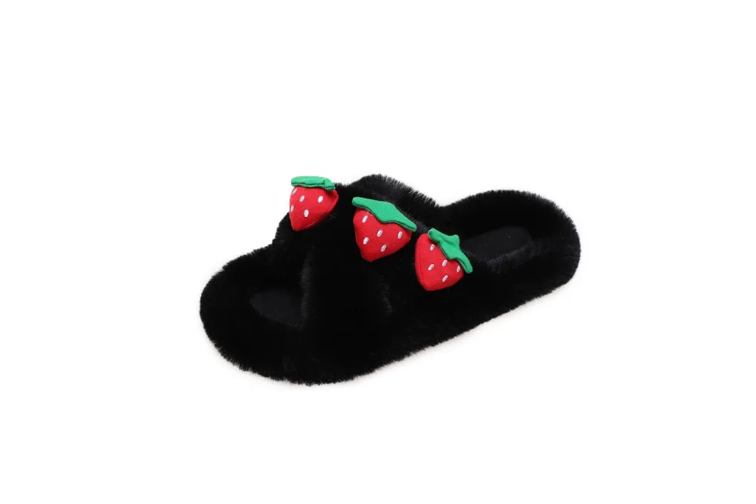 Fancy New Design Strawberry Pattern Crisscross Fluffy Slippers Flat Shoes and Slippers for Women