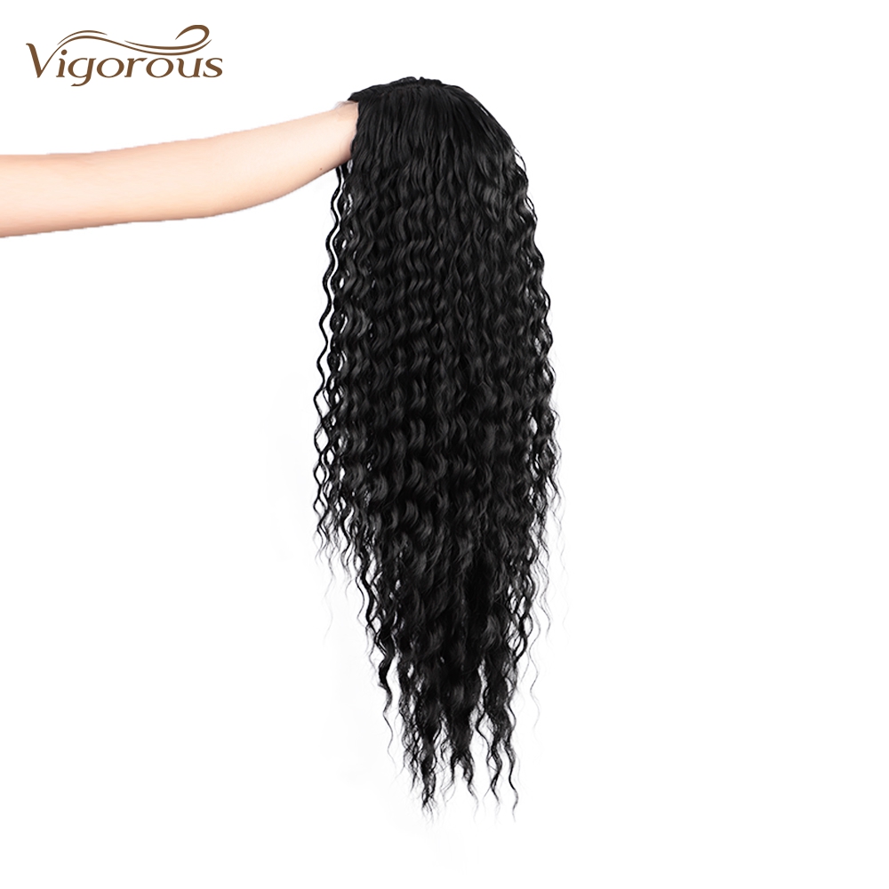 Vigorous Cheap Price Long Jerry Curl Black Heat Resistant Fiber Middle Part Natural Hairline For Black Women Synthetic Hair Wigs
