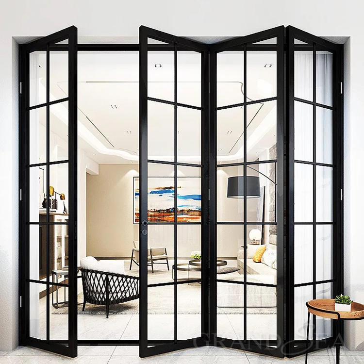 Aluminum black folding door with grill design inside double safety glass