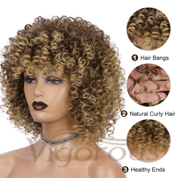 Vigorous Hot Selling Cheap Price Shoulder Length Kinky Curly Fluffy With Bangs Ombre Brown For Black Women Synthetic Hair Wigs