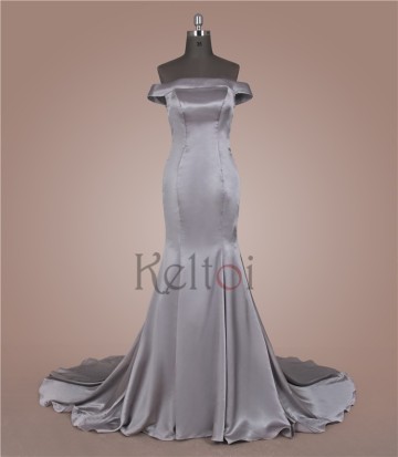 elegant grey color off the shoulder long formal evening dress for seniors