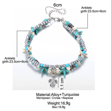 Blue tortoise anklet bracelet for women with multi-layer beaded handmade beach ankle bracelet set with Bohemian foot accessories