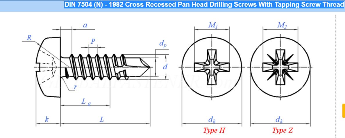 DIN 7504 (N) - 1982 Cross Recessed Pan Head Drilling Screws
