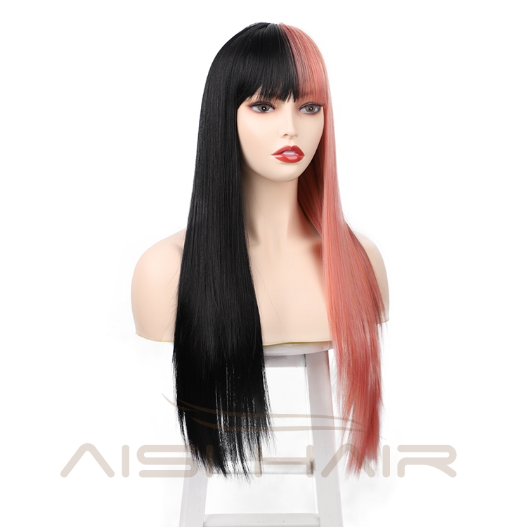 Aisi Hair Fiber Afro High Quality Cheap Straight Mixed Color Pink Black Long Heat Resistant Synthetic Hair Wigs