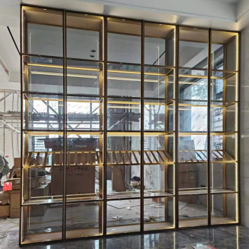 L-Shaped Plywood and Smoke Glass Bar Showcase with Drawer