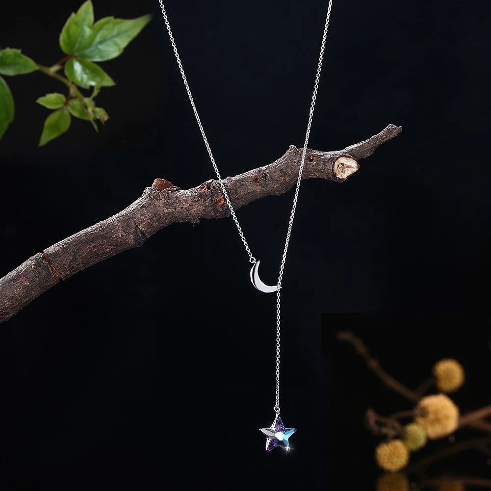 Latest Design New Fashion Necklace Jewelry Statement Gift Elegant Crystal Colorful 925 Sterling Silver Moon Star Simple Necklace