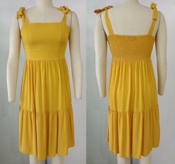 Woven Yellow Smocking Shoulder Straps Dress