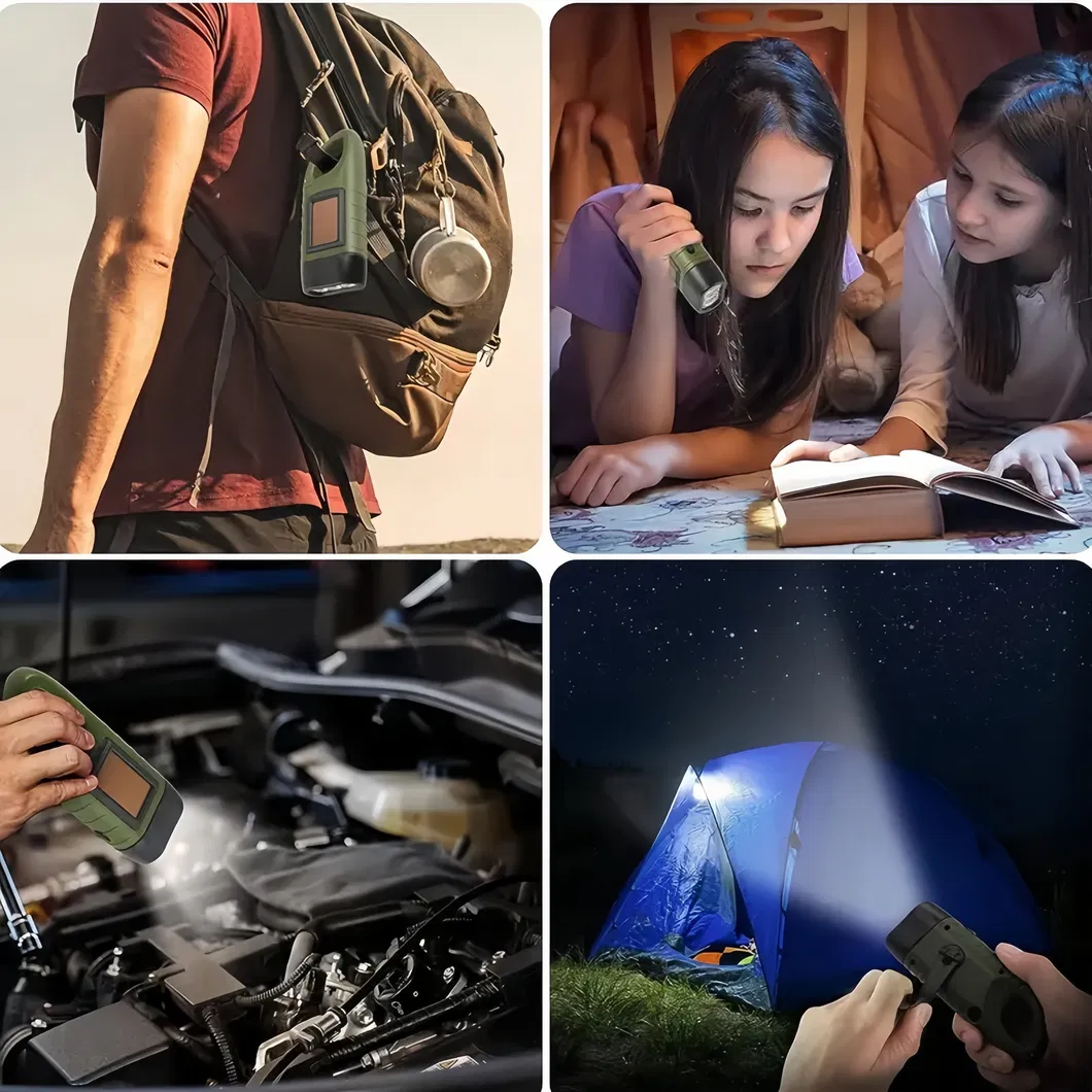 Outdoor Solar-Powered LED Flashlight with Hand-Crank Charging System
