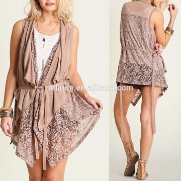 Women Lace Trim Printed Vest With Tie For Layered Outer Wear