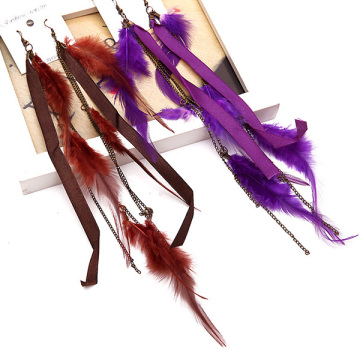 Ribbon Chain Long Feather Earrings Dangle Studs Earrings