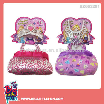 Princess pretend handbag with toy princess crown and jewelry