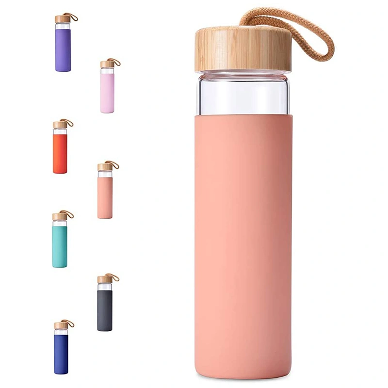 18oz 550ml Silicone Sleeve Borosilicate Glass Water Bottle with Bamboo Lids, Glass Drinking Water Bottle, Glass Water Bottle