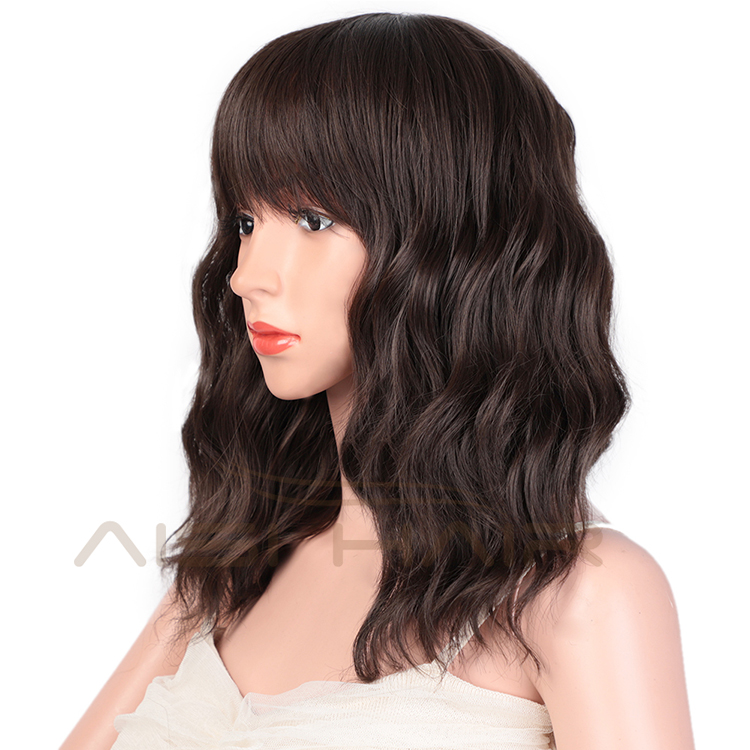 Aisi Hair Wholesale Top Quality Brown Short Bob Wig With Neat Bangs Synthetic Short Curly Wave Wigs For Black Women