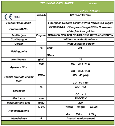 TDS-FIberglass Geogrid50-50 KN WITH NONWOVEN