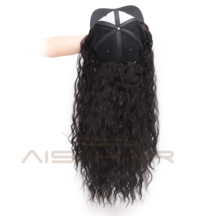 Aisi Hair Baseball Hat with Water Wave Hair Extensions Black Hat with Long Synthetic Hair Extensions for Girls Easy to Wear