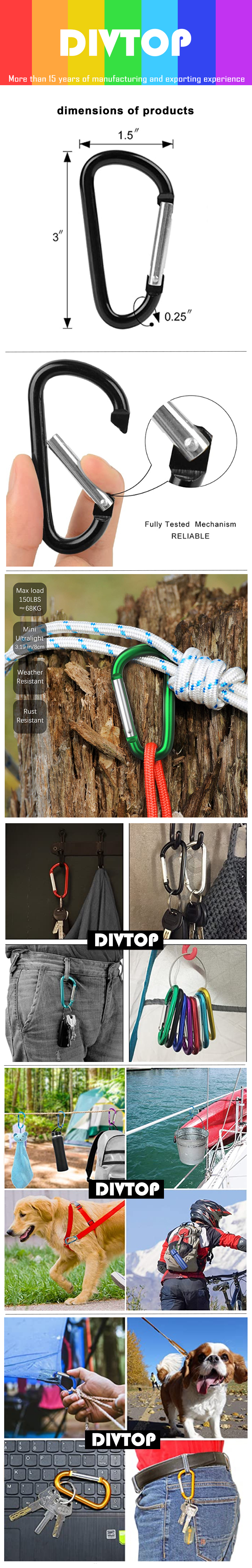 Outdoor Metel D Clip Durable Carabiner Hook, Spring Loaded Gate Sport Carabiner Clip for Camping