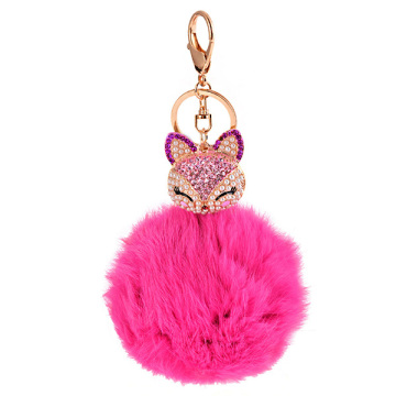 Rhinestone Fox Charm Rabbit Fur Ball Keychain For Women Bag