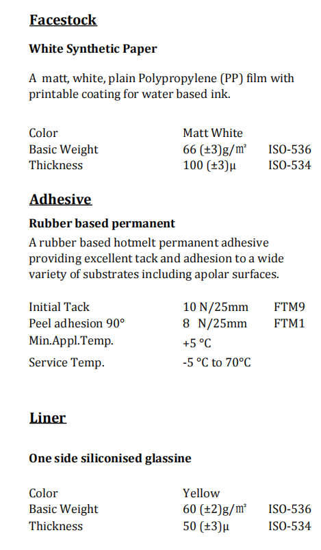 Synthetic Paper Rubber Based Permanent Yellow Glassine