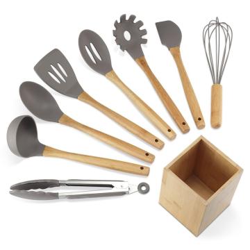 9PCS Silicone Bamboo Handle Utensils Set med hållare