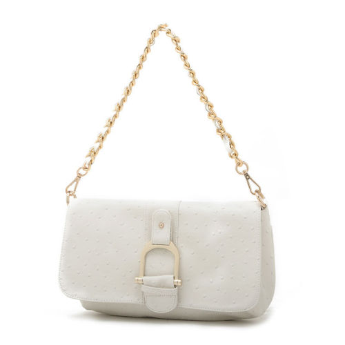 Ostrich White Mini Crossbody Handbag For Juniors With Gold Metal Chain