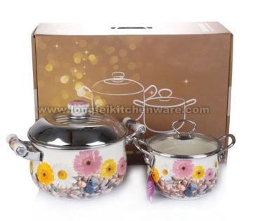 2PCS Enamel Casserole Pot Set With Full Flowe Decal
