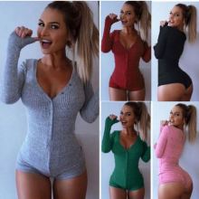 Sexy Deep V-Neck Cotton Bodysuit with Long Sleeves for Women