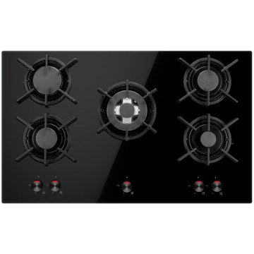 Gas Hobs 5 Pembakar dalam Kaca Tempered Hitam